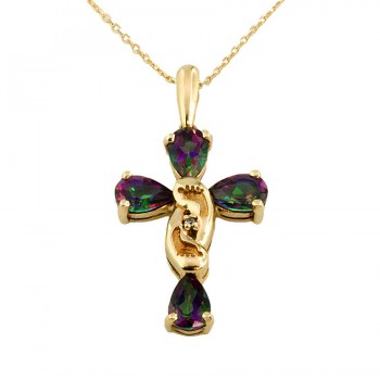 9ct gold Mystic Topaz/Diamond Cross Pendant with chain
